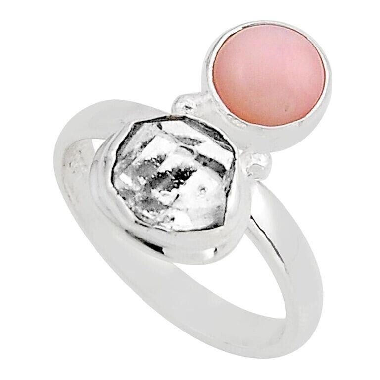 Natural 4.47ct Herkimer Diamond & Pink Opal Ring Sterling Silver