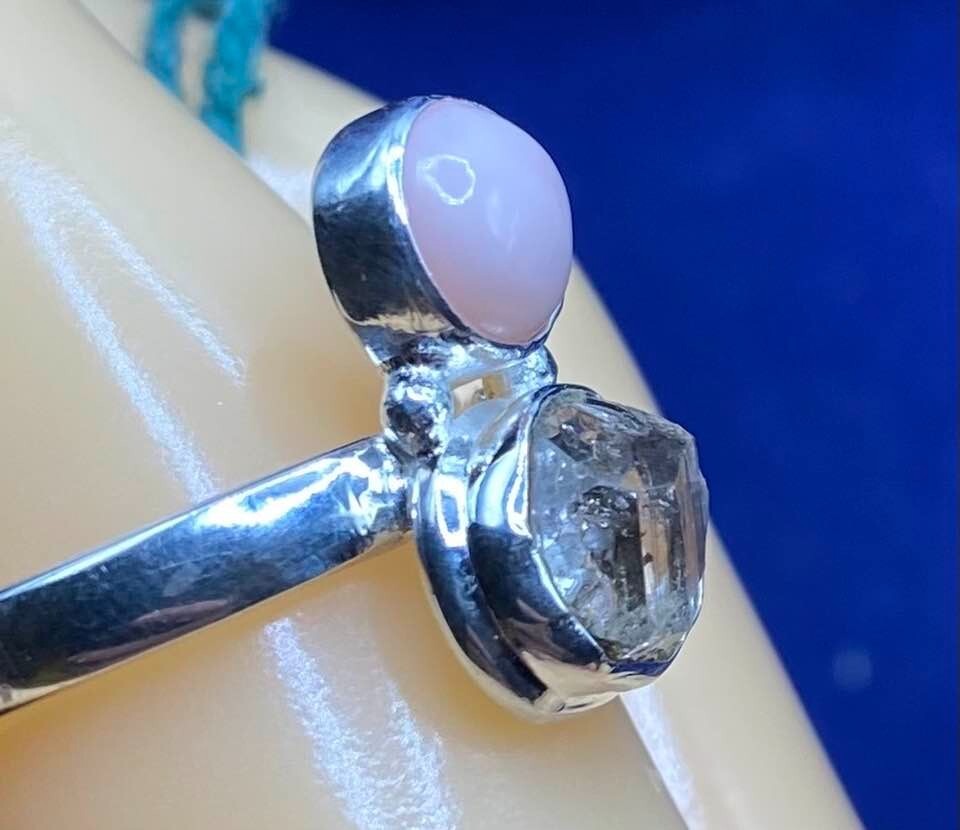 Natural 4.47ct Herkimer Diamond & Pink Opal Ring Sterling Silver