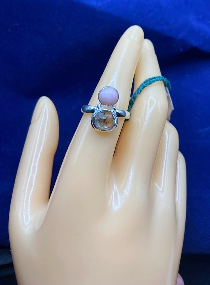 Natural 4.47ct Herkimer Diamond & Pink Opal Ring Sterling Silver