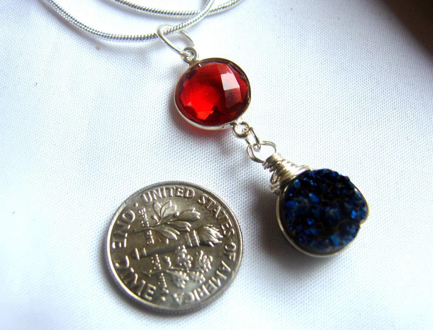 Cherry Garnet & Cobalt Blue Druzy Drusy Sterling Silver Pendant - Psychic Pathways