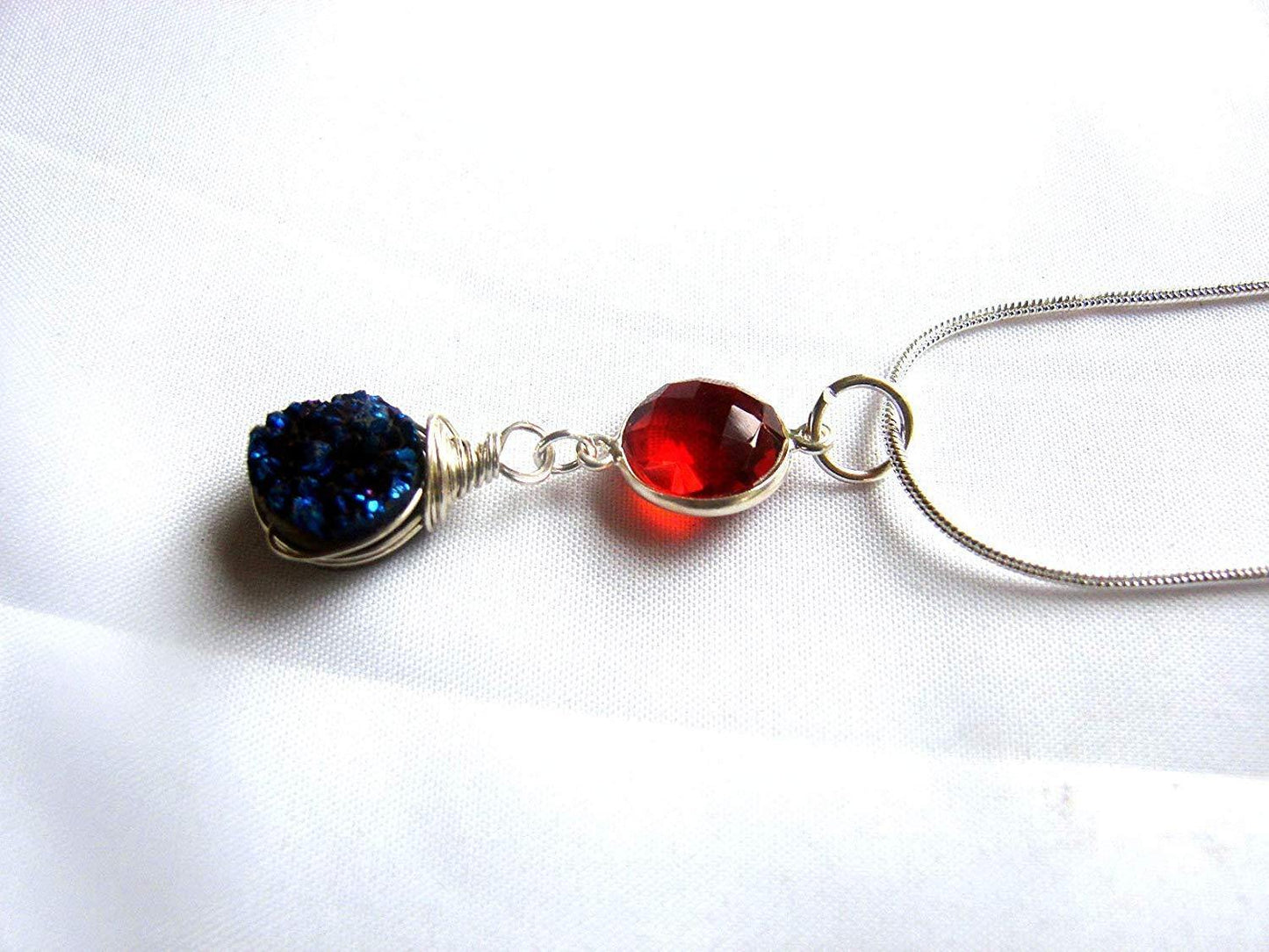 Cherry Garnet & Cobalt Blue Druzy Drusy Sterling Silver Pendant - Psychic Pathways