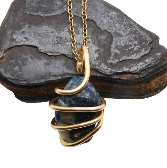 Rare Natural Lazulite Hand Forged Art Wrap Pendant Merlin's Gold #116