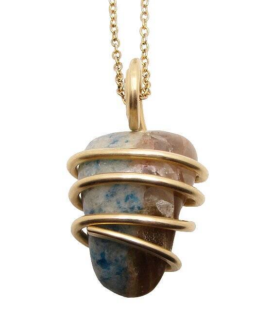 Rare Natural Lazulite Hand Forged Art Wrap Pendant Merlin's Gold #100