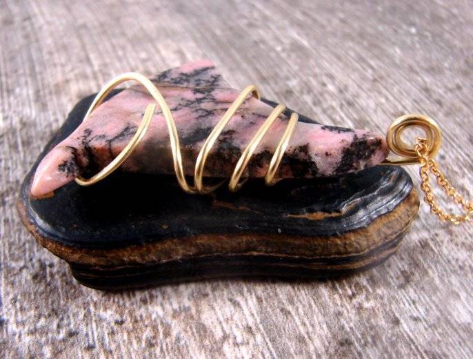 Rose Pink Electric Rhodonite Necklace in Bronze Merlin's Gold Love Meditation #3