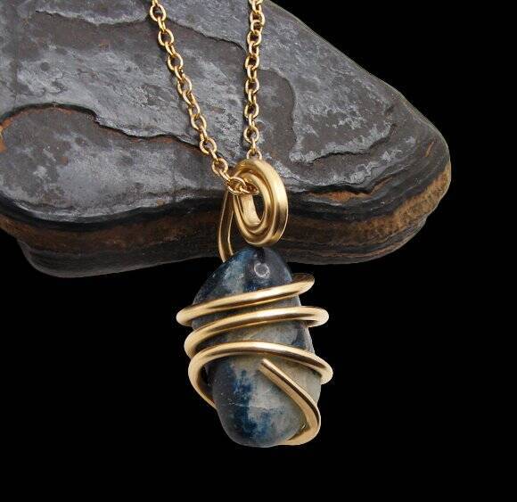 Rare Natural Lazulite Hand Forged Art Wrap Pendant Merlin's Gold #116