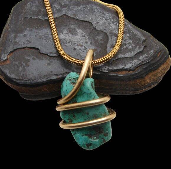 Gorgeous Hand Forged Natural Blue Turquoise Pendant Bronze Merlin's Gold #53