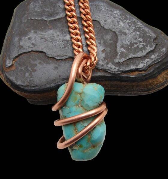 Gorgeous Hand Forged Natural Blue Turquoise Pendant Copper #103