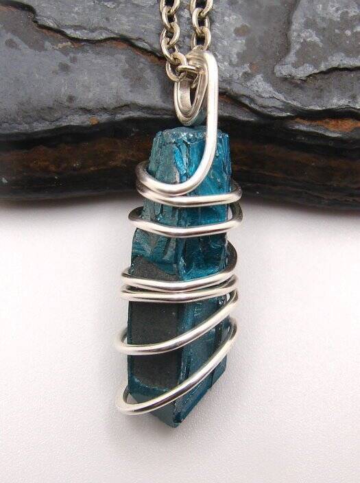 Rare INDIGO BLUE Aura Lemurian Seed Quartz Pendant Sterling Silver SS Copper #51