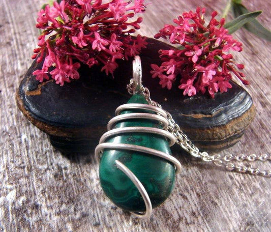Malachite Forest Green Hand Forged Art Wrap Pendant SS Sterling Silver 