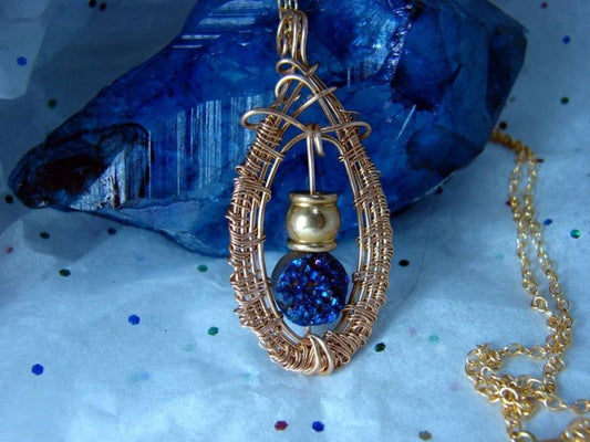OAK WOVEN ANCIENT BRONZE COBALT BLUE DRUZY DRUSY PENDANT Hill Tribe Bead 16"