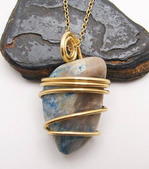 LARGE AJOITE IN QUARTZ, SHATTUCKITE, CHRYSOCOLLA PENDANT IN MERLIN'S GOLD #4000