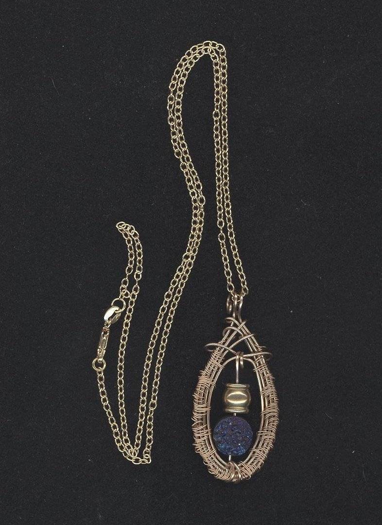 OAK WOVEN ANCIENT BRONZE COBALT BLUE DRUZY DRUSY PENDANT Hill Tribe Bead 16"