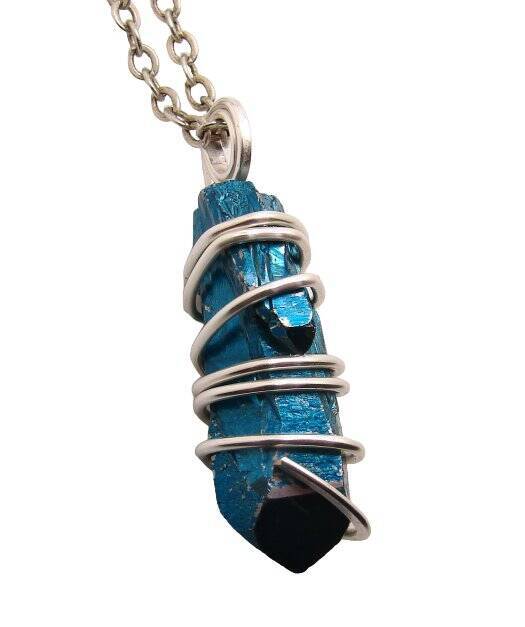 Rare INDIGO BLUE Aura Lemurian Seed Quartz Pendant Sterling Silver SS Copper #51