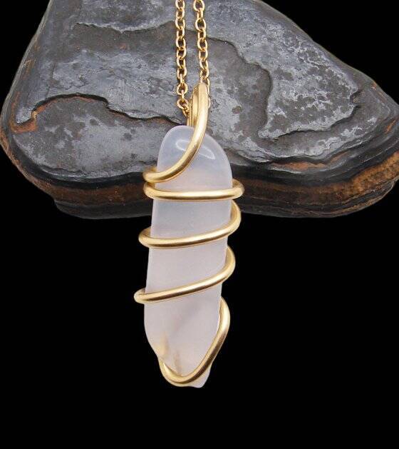 Calming Energy Blue Chalcedony Pendant Merlin's Gold Bronze #106