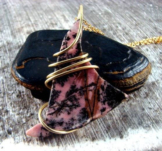 Rose Pink Electric Rhodonite Necklace in Bronze Merlin's Gold Love Meditation #3