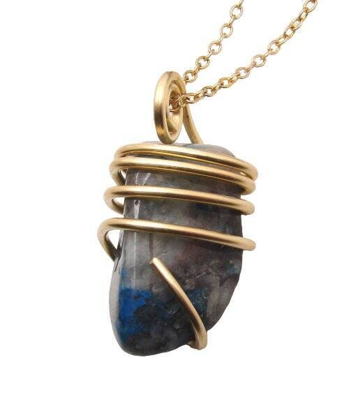 AJOITE IN QUARTZ, SHATTUCKITE, CHRYSOCOLLA PENDANT IN MERLIN'S GOLD #3062