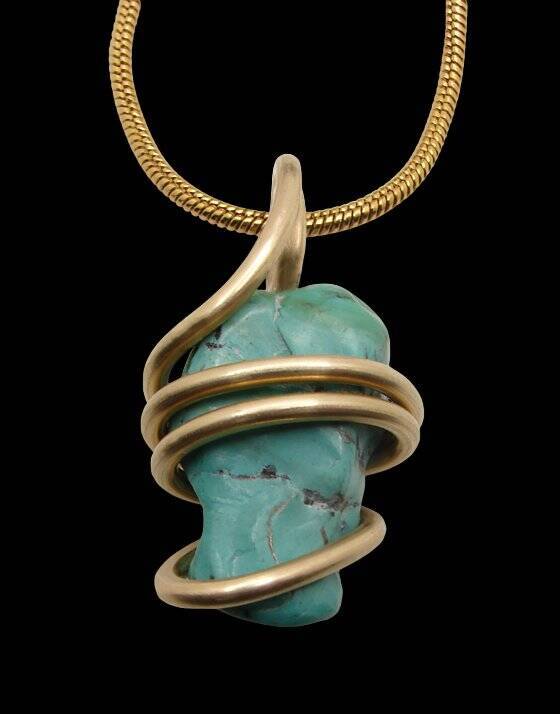 Gorgeous Hand Forged Natural Blue Turquoise Pendant Bronze Merlin's Gold #56