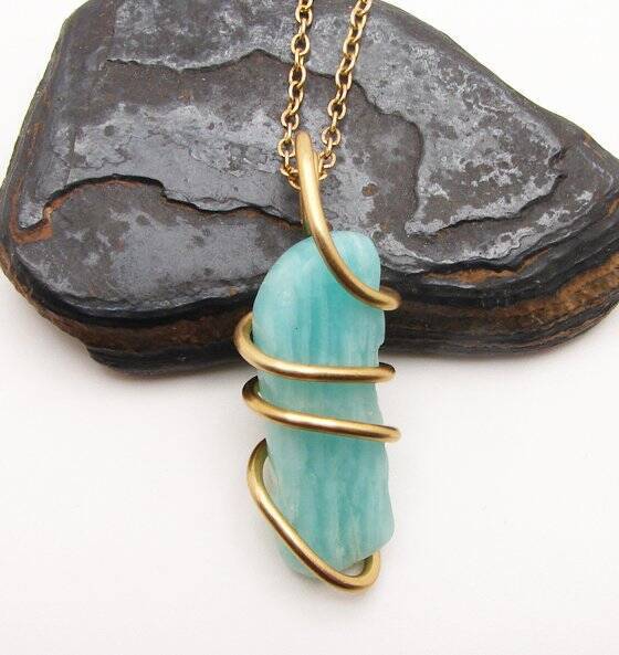 Amazonite Set In Merlin's Gold Forged Wrap Pendant #16, 8.5 Grams