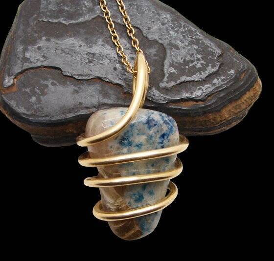 Rare Natural Lazulite Hand Forged Art Wrap Pendant Merlin's Gold #100